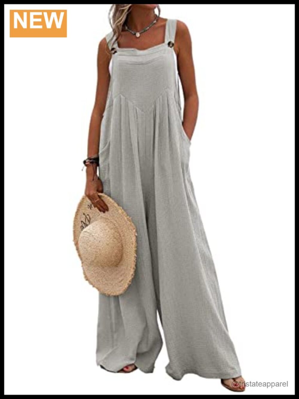 Casual Baggy Sleeveless Bib Overalls Wide Leg Jumpsuit with Pockets